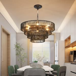 19.7 in. W 6 Light Black Chandelier 4-Tier Handmade Boho Ceiling Light Fixture for Indoor Decor, E12, No Bulbs Included