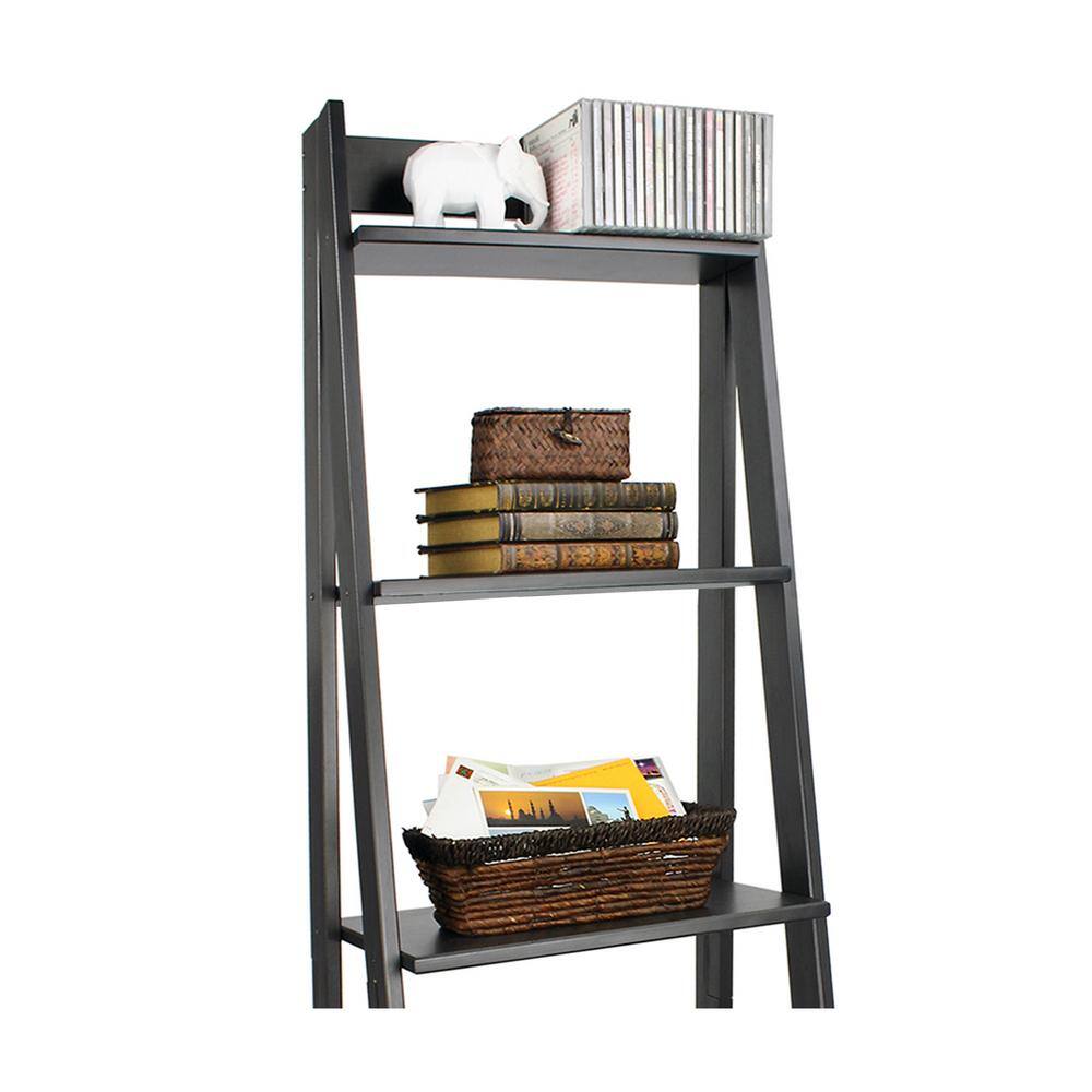 Sleek Black Solid Wood 5-Shelf Freestanding Ladder Bookcase