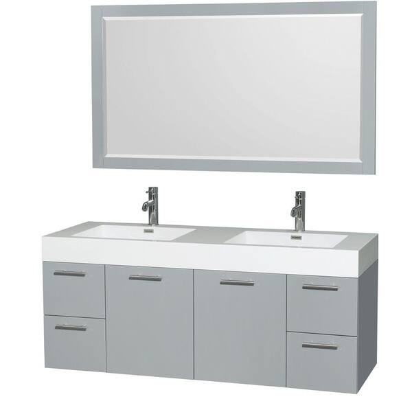 Wyndham Collection Amare 60 in. W x 21.75 in. D Vanity in Dove Gray with Acrylic Resin Vanity Top in White with White Basins and Mirror