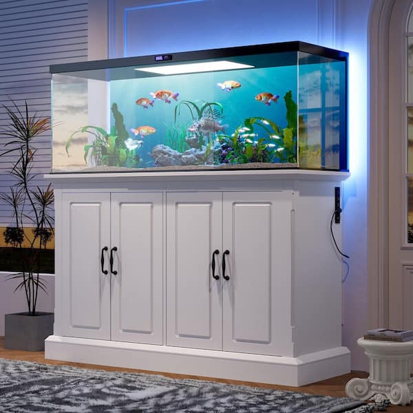 50.00 in. 75 gal. Wood Stand with Power Outlets, Fish Tank Stand with 4 Cabinets, White