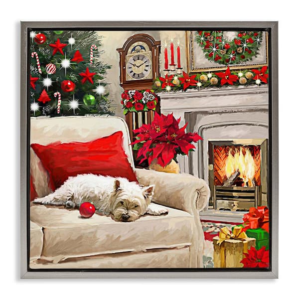 Stupell Industries Cozy Dog by Holiday Mantle by Adam Sanderson 1-Piece Floater Frame Graphic Print Animal Poster Art Print 18 in. x 18 in.