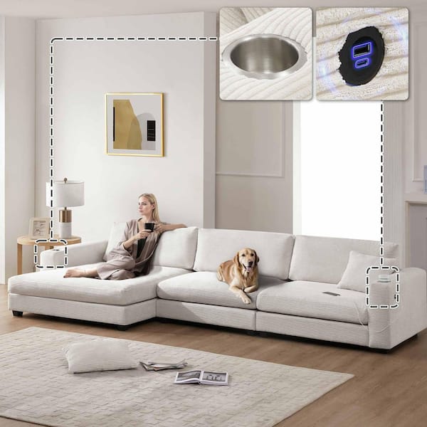 134 in. Square Arm Corduroy Sectional Sofa with USB Charging Port, Cup Holder in. Beige