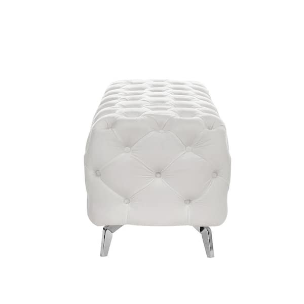 Seafuloy White Velvet Button Tufted Solid Wood Bench with Chrome