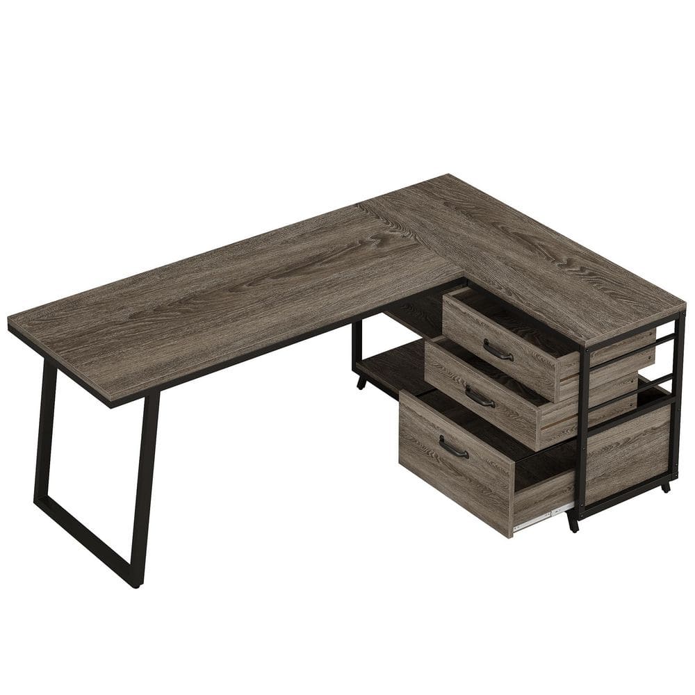 BYBLIGHT Lanita 53.1 in. Reversible L Shaped Desk Gray and Black