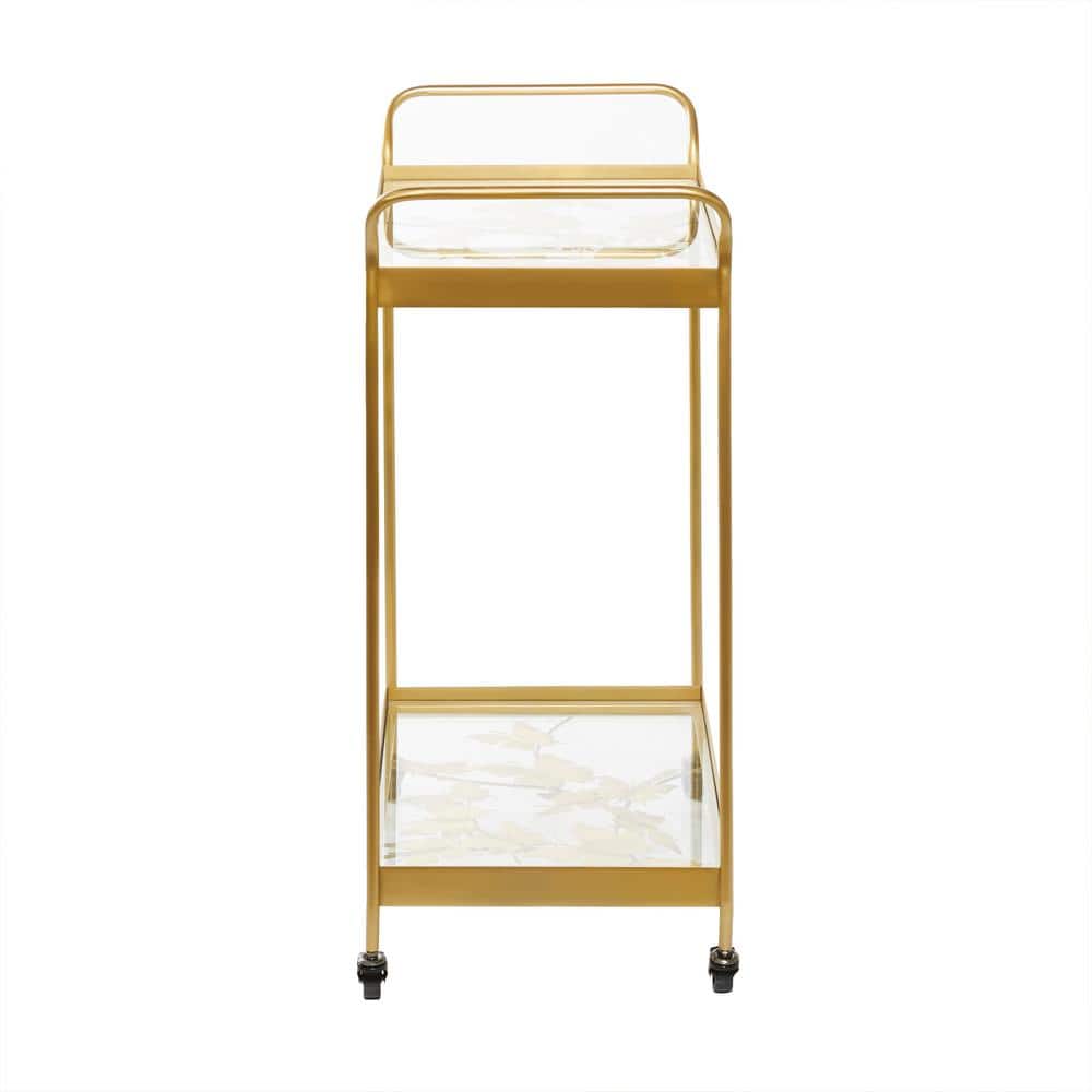 Sleek Gold Contemporary Rectangular Bar Cart with Glass Shelves