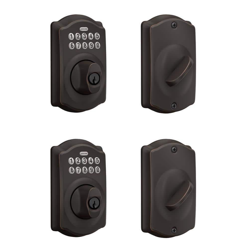 Schlage Camelot Aged Bronze Electronic Keypad Deadbolt (2-Pack) BE365 V CAM  716 2PK - The Home Depot