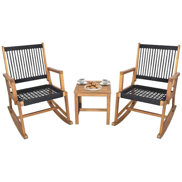 Gymax 3-Piece Acacia Wood Rocking Chair Set with Coffee Table and All-Weather Rope Patio Conversation Poolside