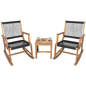 3-Piece Acacia Wood Rocking Chair Set with Coffee Table and All-Weather Rope Patio Conversation Poolside
