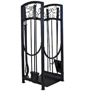12.25 in. Iron Filigree Firewood Rack with 4-Piece Fireplace Tools Set