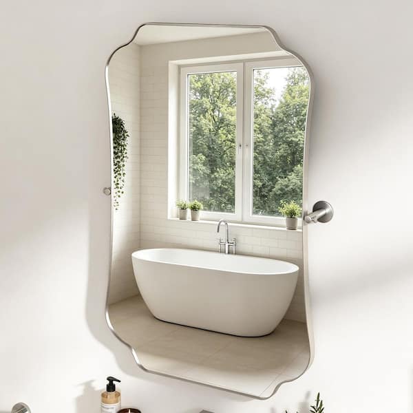 20 in. W x 30 in. H Specialty Wavy Framed Adjustable Tilt Wall Bathroom Vanity Mirror in Brushed Nickel