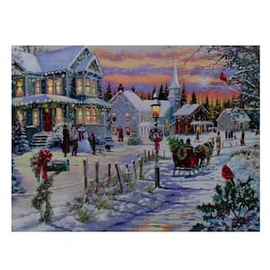 11.75 in. x 15.75 in. LED Lighted Fiber Optic Snowy Christmas Village Canvas Wall Art