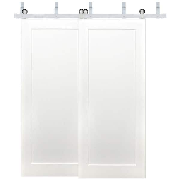 Pacific Entries 72 in. x 80 in. 1-Panel Bypass Prime Pine Wood Sliding Barn Door with Satin Nickel Hardware Kit