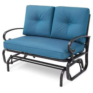 37 in. x 47.24 in. x 47.24 in. Outdoor Metal Rocking Glider Bench for 2 Person 500lbs. with Comfortable Blue Cushion