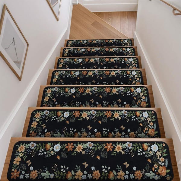 30 in. x 8 in. Floral Stair Treads Cover Non-Slip Carpet for Wooden Steps Indoor, Black (Set of 15)