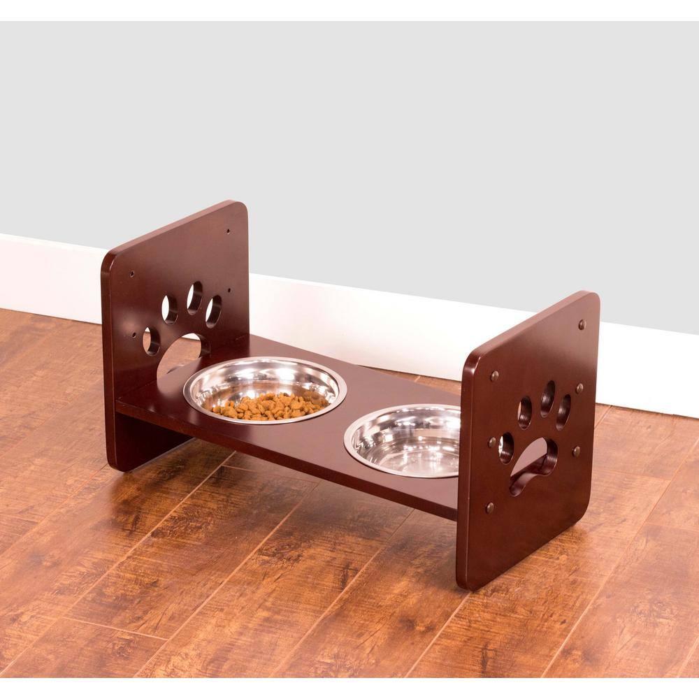 Adjustable Brown Elevated Pet Feeder with Stainless Steel Bowls