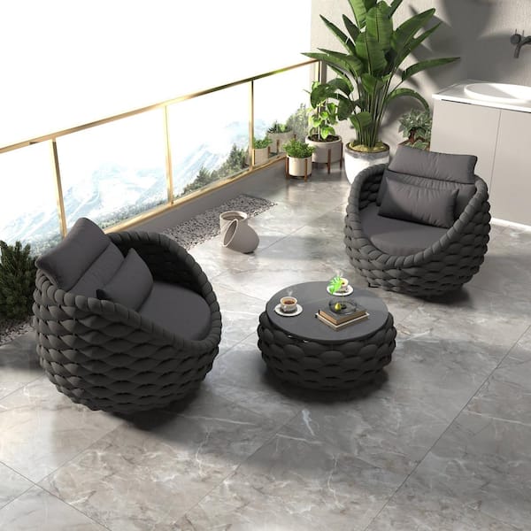 TWT Black Aluminum Frame 3-piece Woven Rope Patio Conversation Set with Coffee Table and Dark Gray Cushions