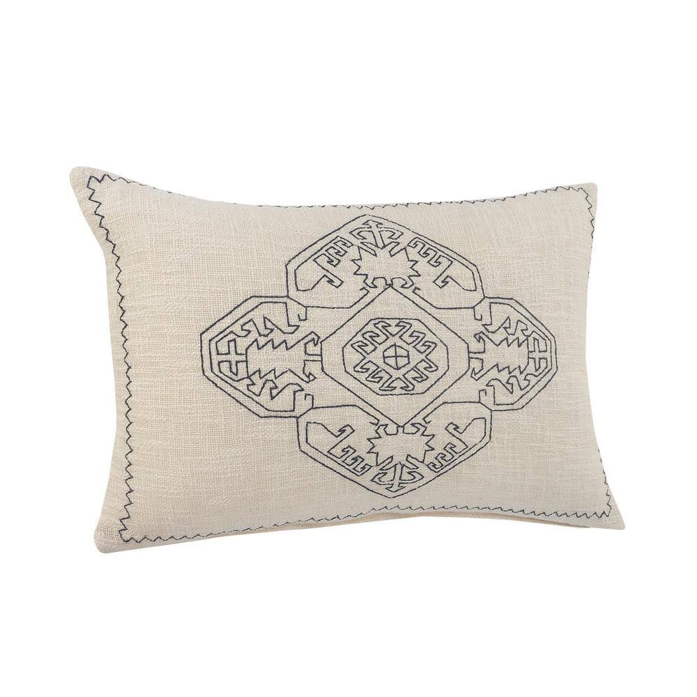 Off-White and Navy Blue Embroidered Rectangular Lumbar Pillow