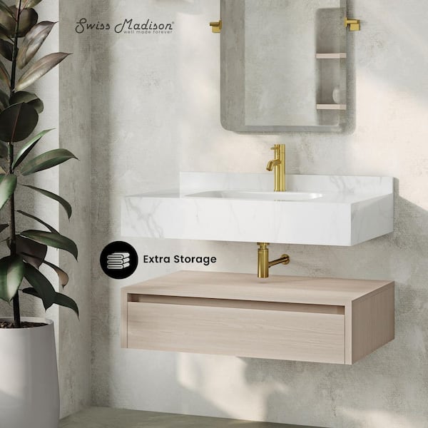 Avancer 36 in. Wall-Mounted Bathroom Vanity in White Oak with White Marble Ceramic Sink Top