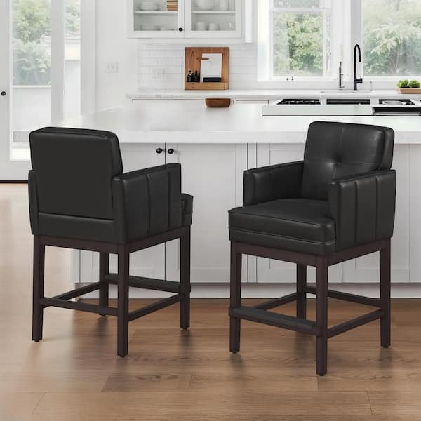 27 in. Black Faux Leather Upholstered Counter Height Bar Stool Armrests and Wood Frame Counter Stool Set of 2
