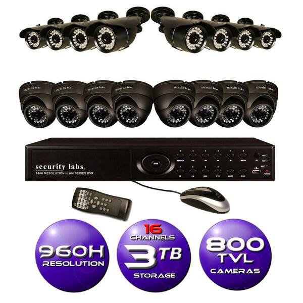 Security Labs 16-Channel 960H Surveillance System with 3TB HDD and (16) 800 TVL Cameras