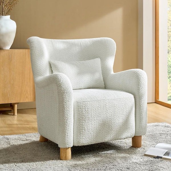 Leobarda Ivory Boucle Fabric Accent Chair (Set of 2) with Wingback and Solid Wood Legs