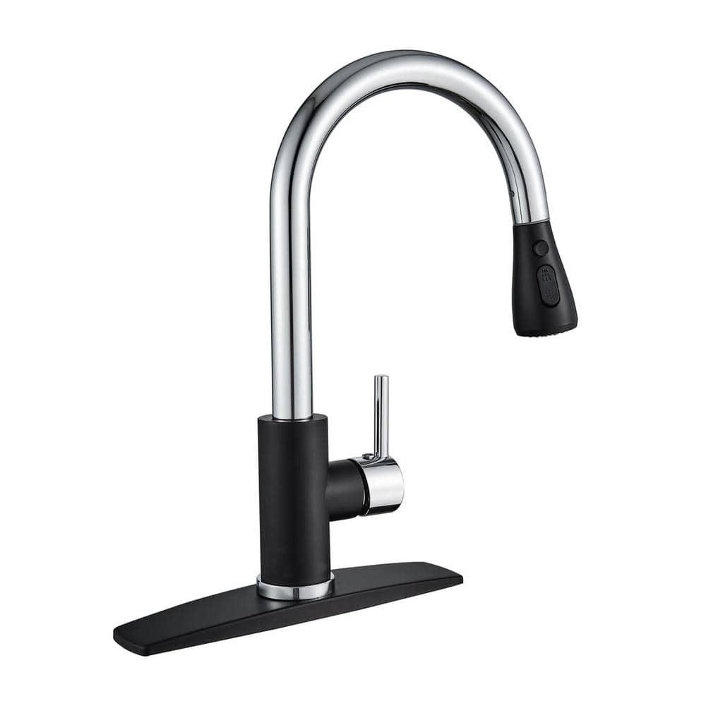 Single Handle Pull Down Sprayer Kitchen Faucet with Deck Plate in Black Chr