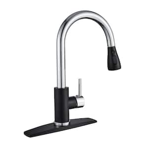 Single Handle Pull Down Sprayer Kitchen Faucet with Deck Plate in Black Chrome