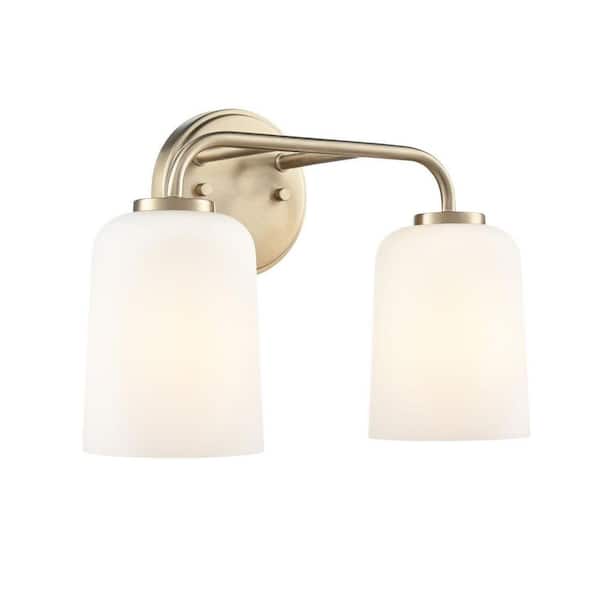 Laphia 14 in. 2-Light Modern Gold Vanity Light with Etched Opal Glass Shades