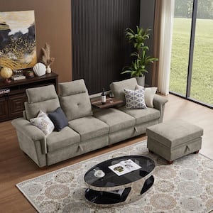 109.06 in. Square Arm Fabric L-Shape Sectional Sofa with Storage Space and Hidden Coffee Table in Beige