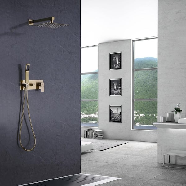 1-Spray Square Wall Bar Shower Kit with Hand Shower in Brushed Golden