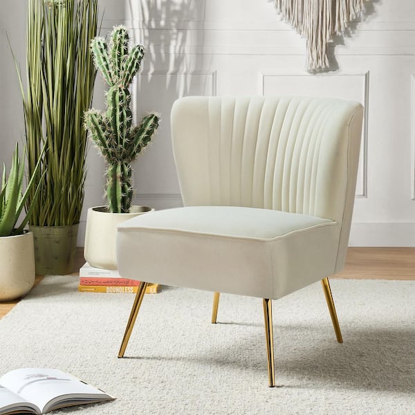 Monica Modern Ivory Velvet Comfy Living Room Side Chair with Golden Metal Legs