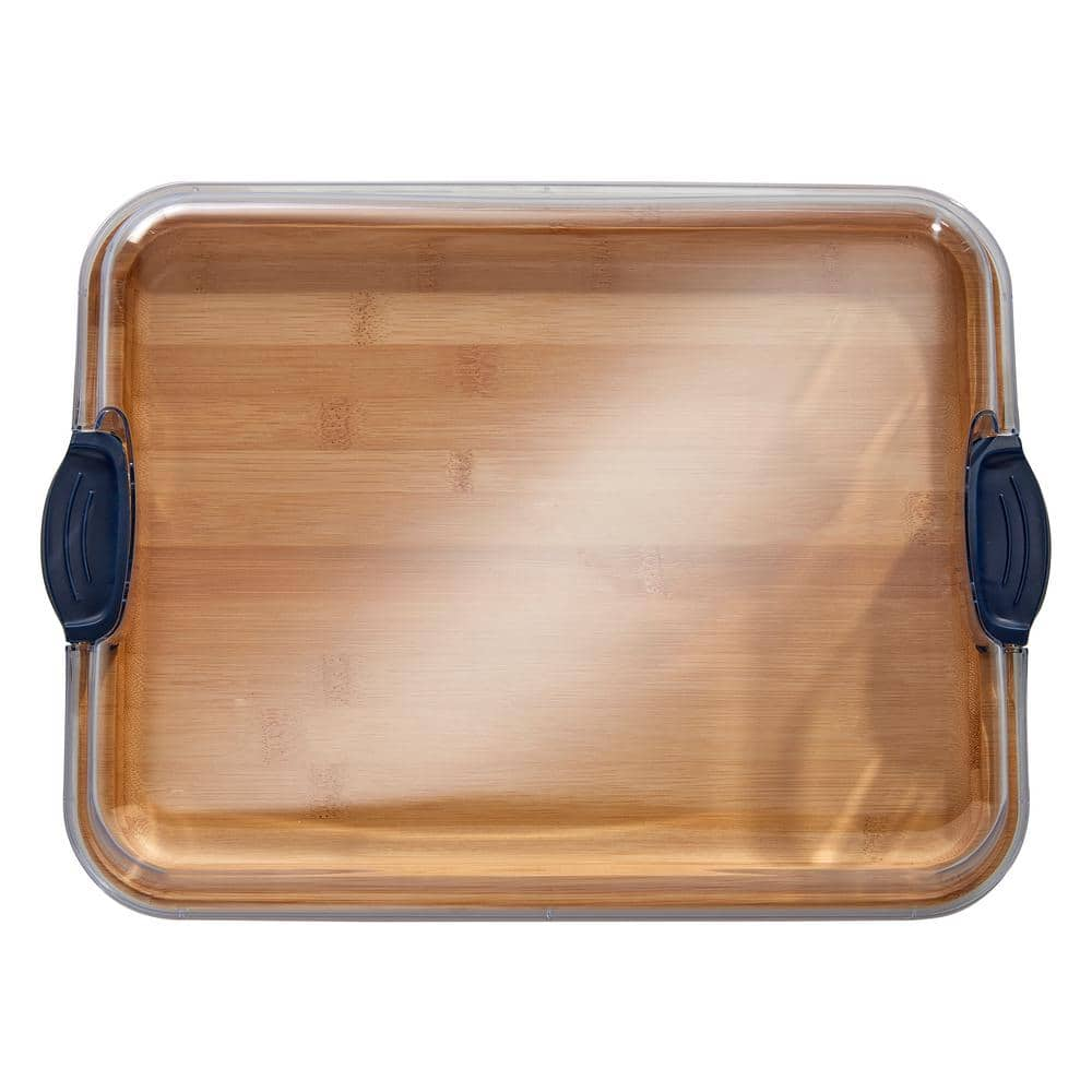 Farberware 11"x14" Build-a-Board Charcuterie Bamboo Board with Locking Lid and Navy Handle