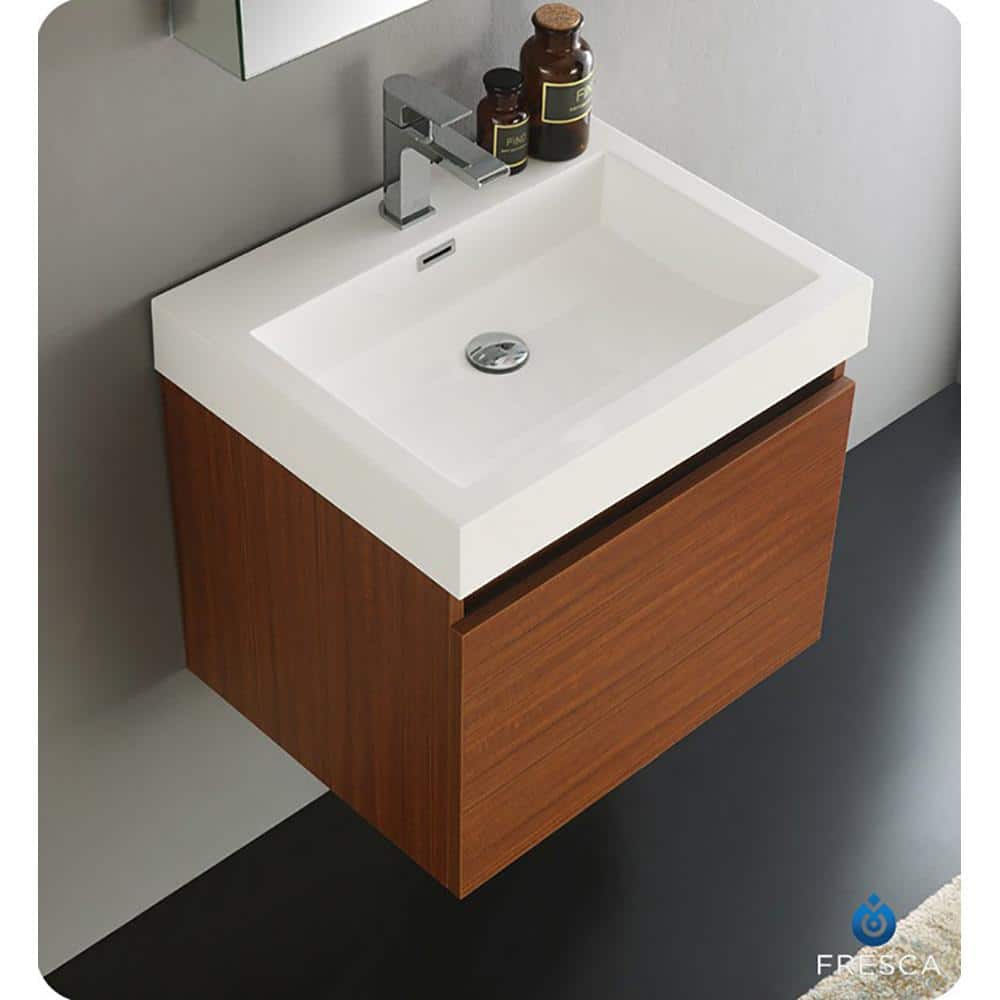 Teak Wall-Mounted Single Sink Vanity with Acrylic Top