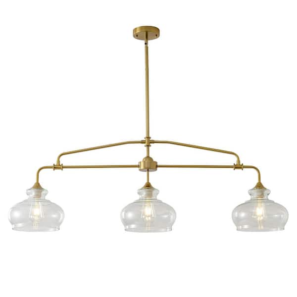 Island Light for Kitchen, 3-Light Brass Kitchen Island Linear Chandelier, Dining Room Light Fixture with Glass Shades