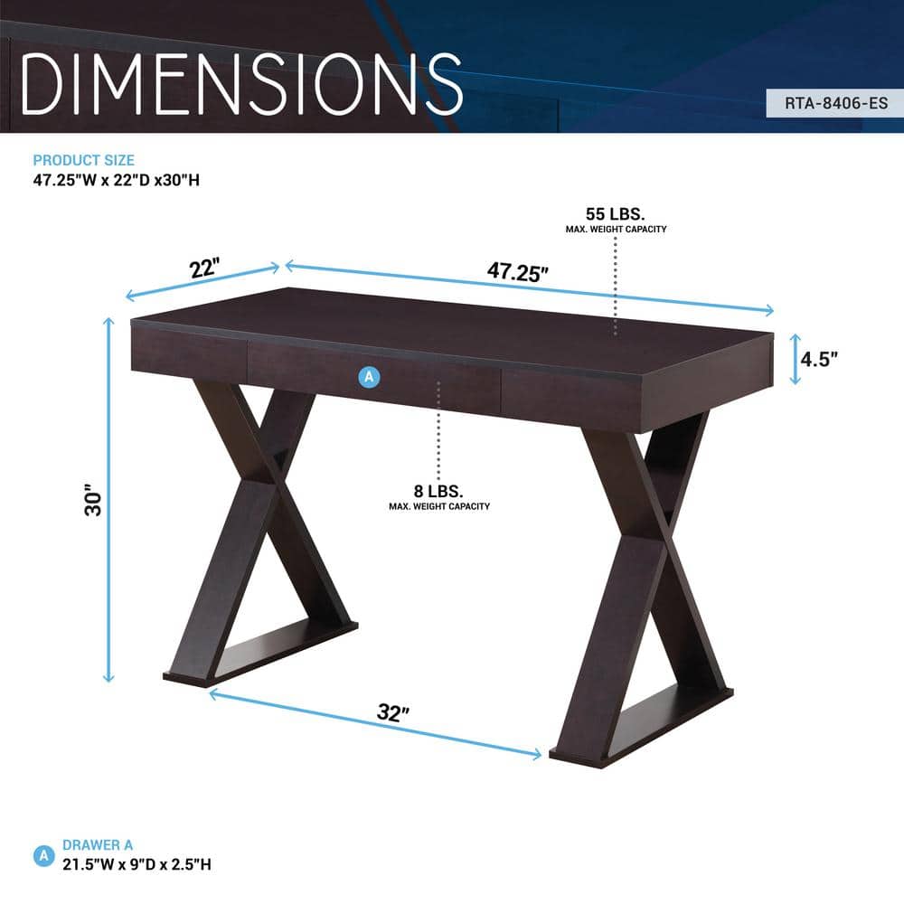 Espresso Wood Executive Writing Desk with Drawer and X-Base
