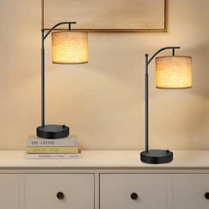 23 in. Black Metal Dimmable Table Lamp Set with Linen Lampshade and Charging USB Port Plus Type-C (Set of 2)