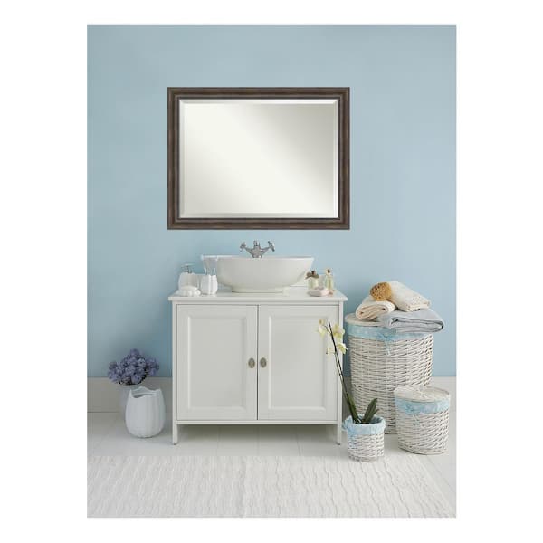 Amanti Art Rustic Pine 45.5 in. x 35.5 in. Beveled Rectangle Wood Framed Bathroom Wall Mirror in Brown