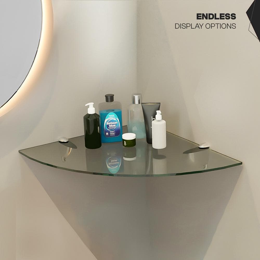 12" Clear Tempered Glass Floating Corner Shelf with Chrome Brackets
