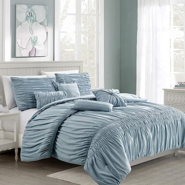 Shatex 7-Piece Blue Luxury Textured Microfiber Polyester Queen Comforter Set