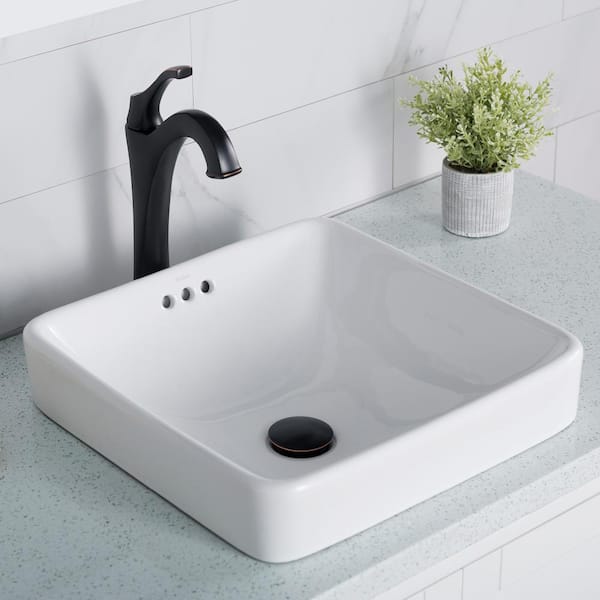 KRAUS Elavo 16.3 in. Sqaure Semi-Recessed Vessel Bathroom Sink in White Porcelain with Overflow (2-pack)