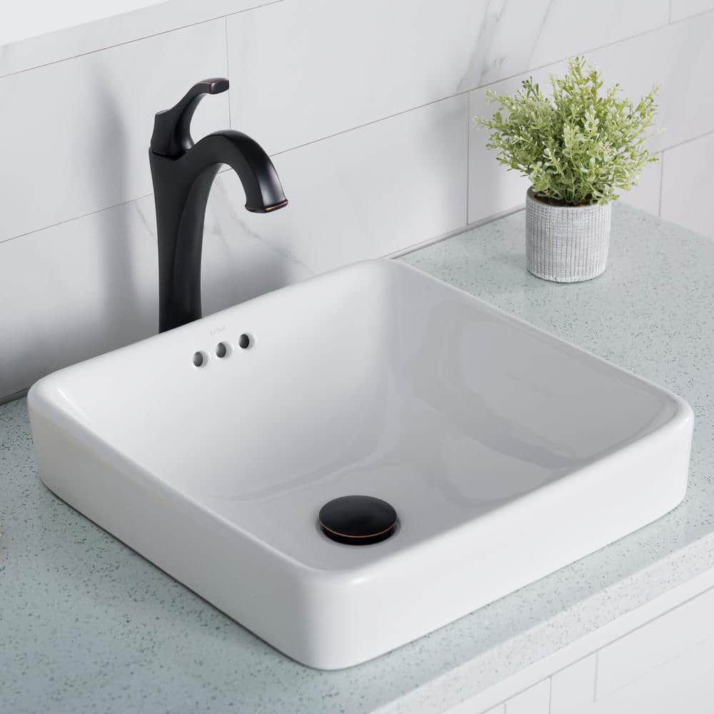 Elavo White Ceramic Square Semi-Recessed Bathroom Sink with Overflow