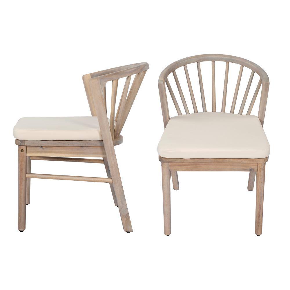 Set of 2 Acacia Wood Outdoor Dining Chairs with Cream Washable Cushion for Backyard, Poolside, Garden,Light White