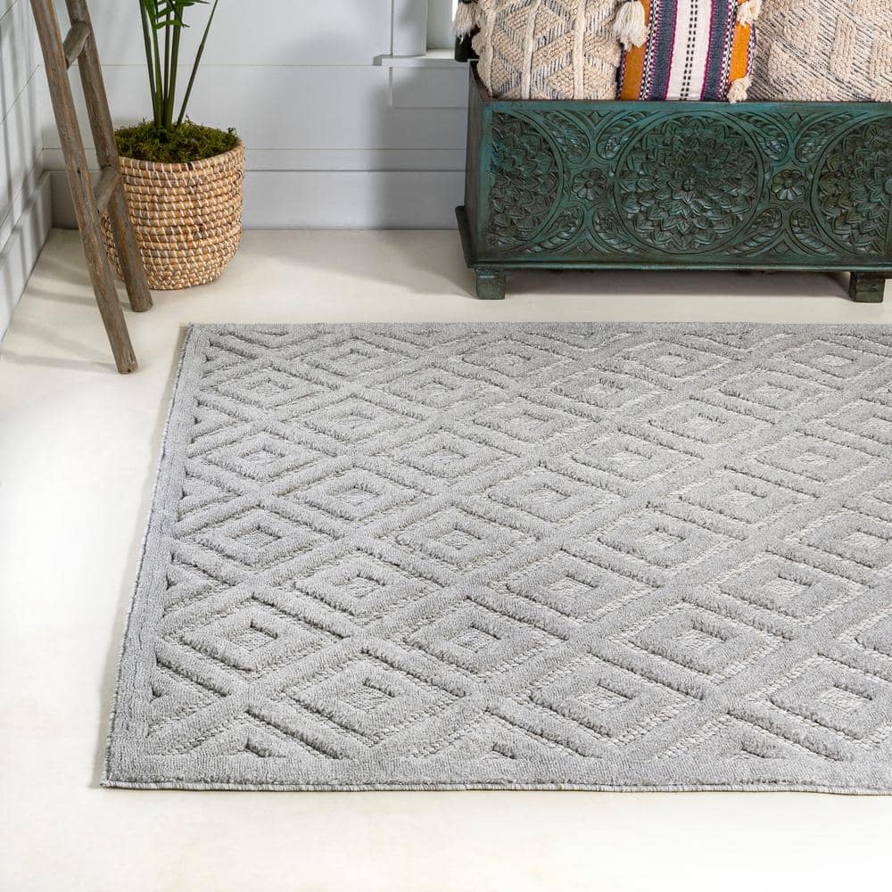 Elysian Light Gray Geometric Synthetic Indoor/Outdoor Rug