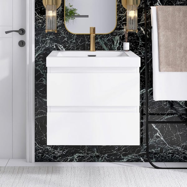 23.7 in. W x 18.9 in. D x 21.7 in. H Single-Sink Wall Mounted Bath Vanity in White with Cultured Marble Top