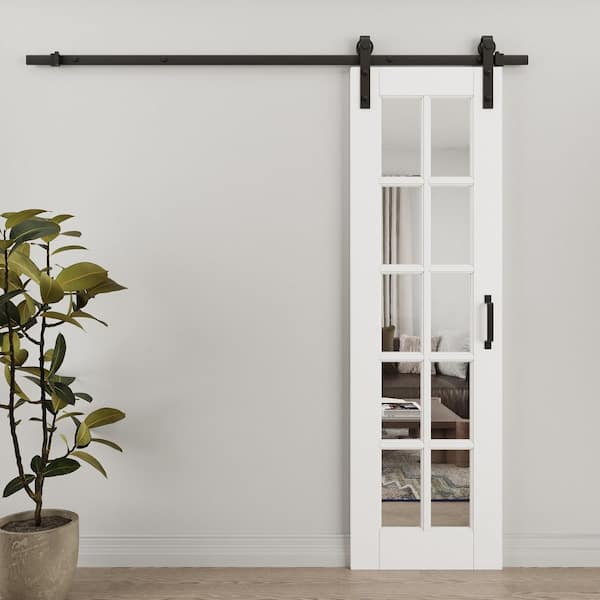 24 in. x 80 in. 10 Lite Tempered Clear Glass White Primed MDF Composite Sliding Barn Door with Hardware Kit