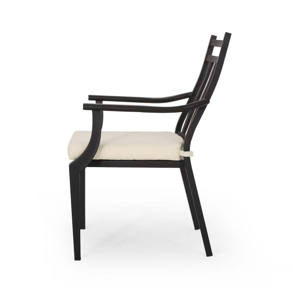 Matte Black Iron Outdoor Dining Chairs with Beige Cushions (Set of 2)