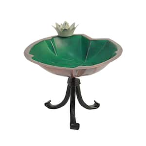 10.25 in. Tall Antique Copper Plated and Colored Patina Lilypad Birdbath with White Flowers and Tripod Stand
