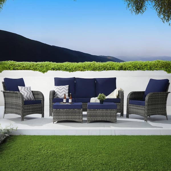 BFB 5-Piece Wicker Patio Furniture Set, High Back Conversation Sectional Sofa with Ottomans