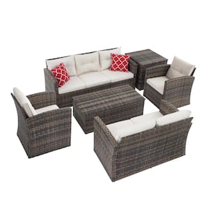 6-Piece Wicker Patio Conversation Set with Beige Cushions