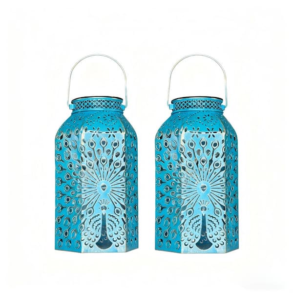 2-Pack Outdoor Blue Gold Solar Lanterns, Waterproof Peacock Garden Gifts, Big Solar Lights, Garden Decor, Yard Art